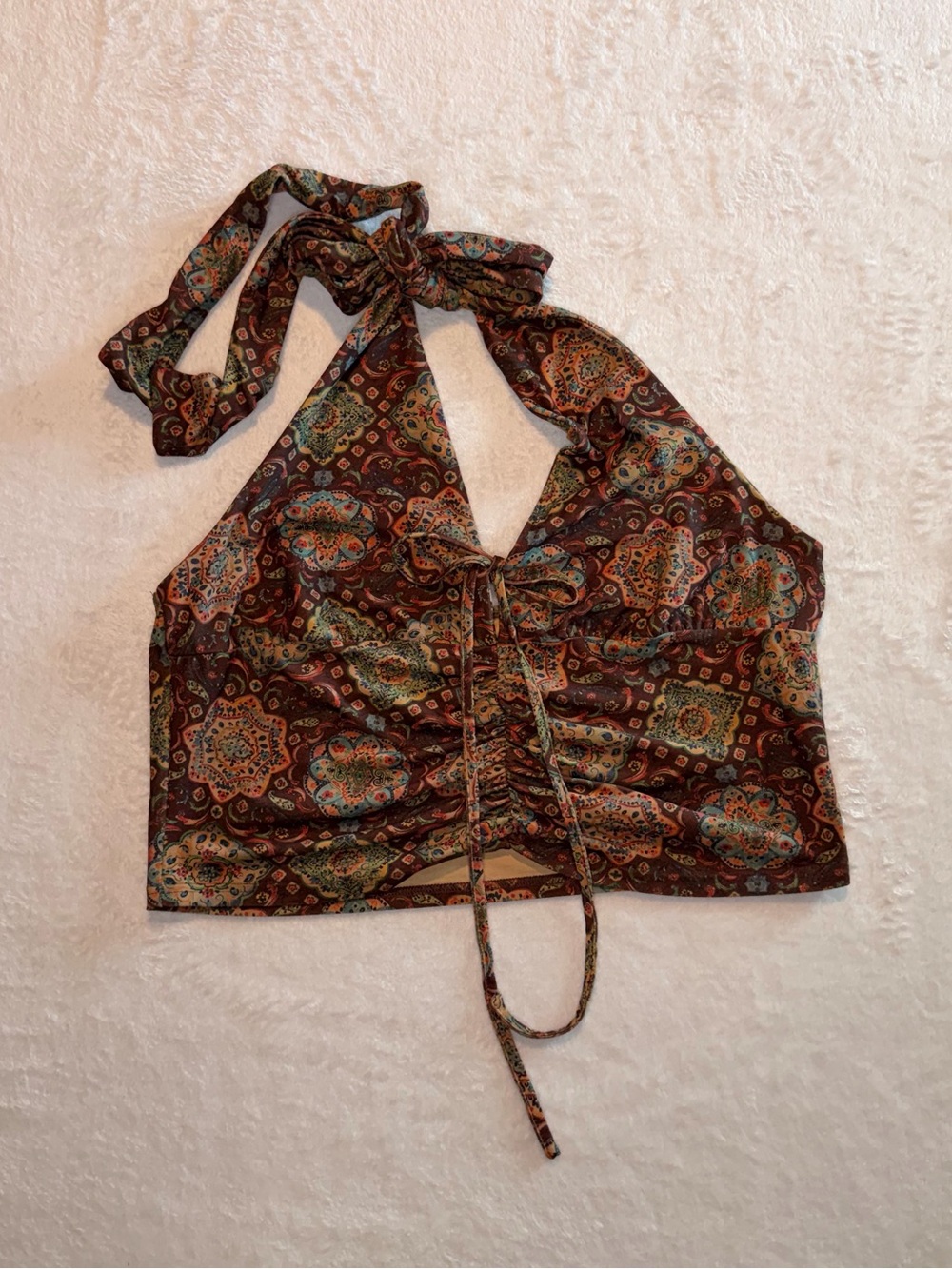 Cider Brown Paisley Boho Halter Crop Top with Teal Accents